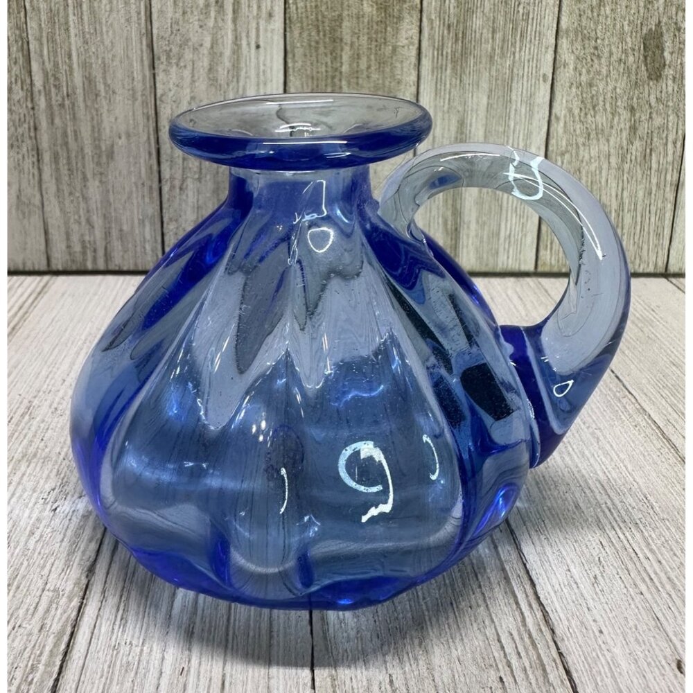 Vtg Joe Hamon Blown Blue Glass Decorative Potion Bottle Pitcher Vase 3 3/4" Tall